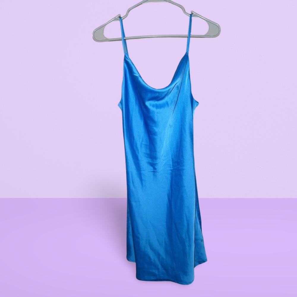 Urban Outfitters Mallory Cowl Neck Satin Slip Mini Dress in Sapphire Blue